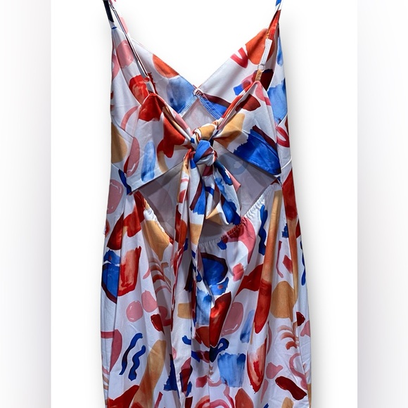 Abstract Paint Print Tie-Back Slip Dress Size Small Cutout Midi Spaghetti Strap - Picture 3 of 6